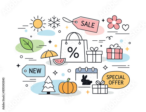 Seasonal Icons Abstraction. Seasonal promotion abstraction. An abstract editorial composition using seasonal icons, tags, and soft decorative shapes floating