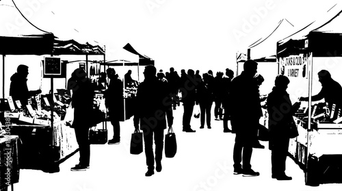 Silhouette of Outdoor market crowd with stalls and shoppers