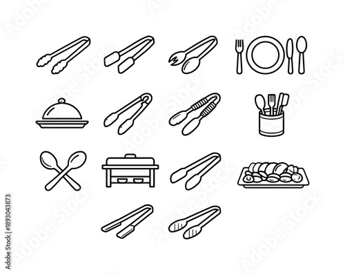 Serving Tongs Icons. Serving Tongs. Line icon set of Serving Tongs: serving tongs, buffet grip, flat paddle ends, salad tongs, table setting, serving tray,