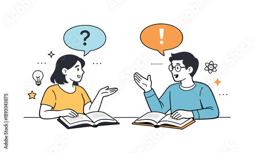 Book Club Dialogue. Book club meeting conversation. Two members exchanging ideas with speech bubbles and open books between them. Friendly debate and shared