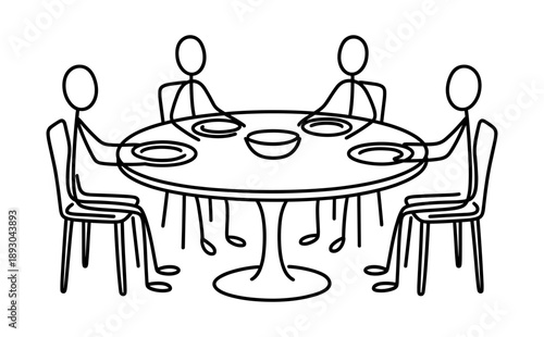 Family dinner gathering around round table line art