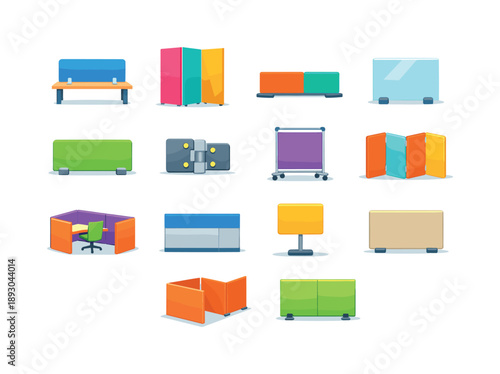 Colorful Privacy Screens. Privacy screens. Colorful flat vector icons set of privacy screens: desk privacy panel, tall room divider, low divider, frosted