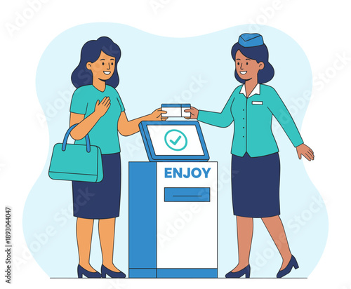 Flight attendant handing ticket to passenger at kiosk