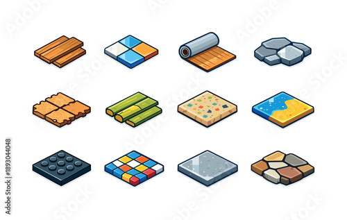 Colorful Flooring Icons. Floor materials. Colorful isometric vector icons set of floor materials: hardwood boards, ceramic tiles, vinyl flooring roll, stone
