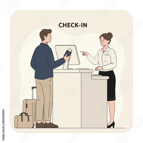 Guest checking in at hotel reception with luggage