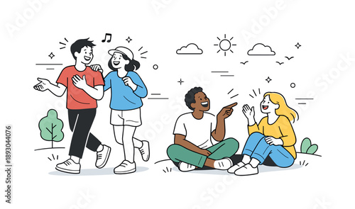 Joyful Park Gathering. Friends laughing outdoors. A playful scene showing friends walking or sitting in a park, laughing and gesturing with excitement.
