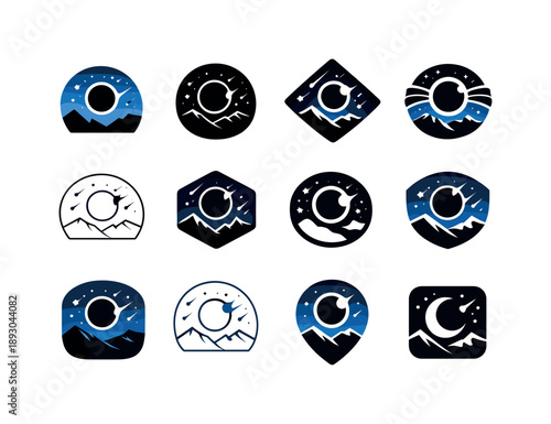 Celestial Icon Set. Astronomical events like solar eclipses and meteor showers. Icon set. Set Logo of astronomical events like solar eclipses and meteor