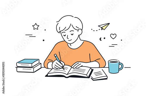 Calm Reading Reflections. Reading club reflection. Person quietly reading and taking notes from a book. Calm concentration and personal engagement with