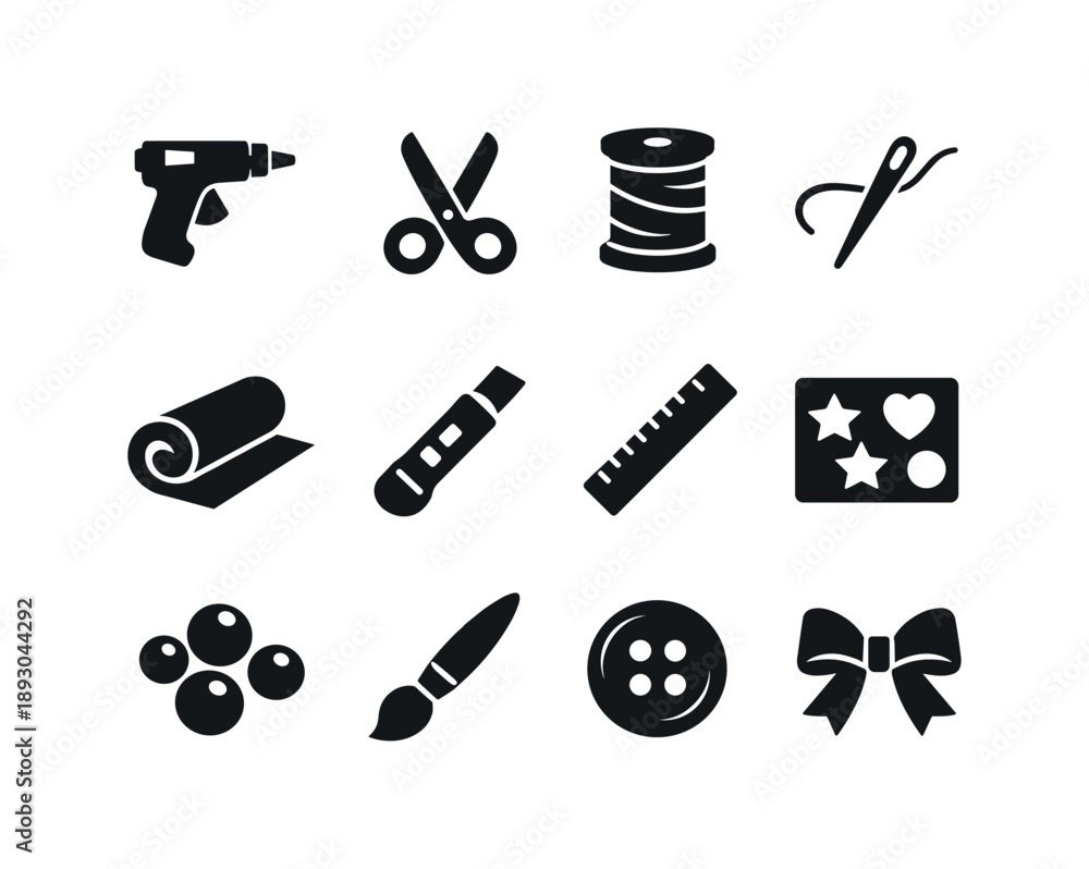 Obraz premium DIY Craft Icons. DIY craft projects. Solid icon set of DIY craft projects: glue gun, scissors, thread spool, needle, fabric roll, craft knife, ruler, stencil,