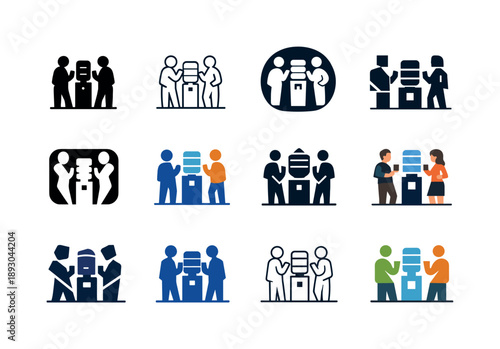 Office Breakroom Logos. Office breakroom. Icon set. Set Logo of office breakroom: coworkers chatting by water cooler. harmonious logo variations of the same