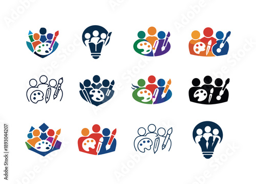 Creative Icons Collection. Inspired individuals engaged in creative processes (art, writing, music). Icon set. Set Logo of inspired individuals engaged in