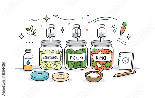 Fermentation Setup Illustration. Kitchen fermentation setup. Jars with airlocks, weights, and simple labels arranged for preparation. Thoughtful slow-food