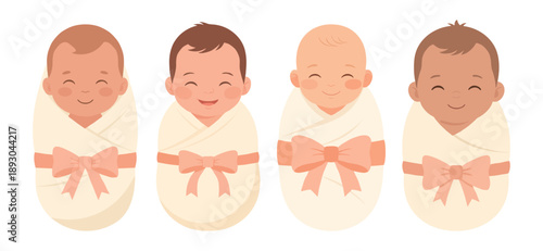 Swaddled babies with pink bows smiling