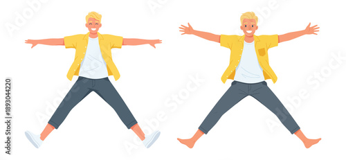 Man jumping with arms outstretched in yellow shirt