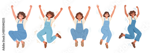 Woman jumping with arms raised in blue overalls