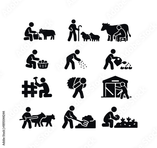 Farm Task Icons. Farm tasks. Solid icon set of farm tasks: feeding animals, herding sheep, milking cow, collecting eggs, planting seeds, watering crops,