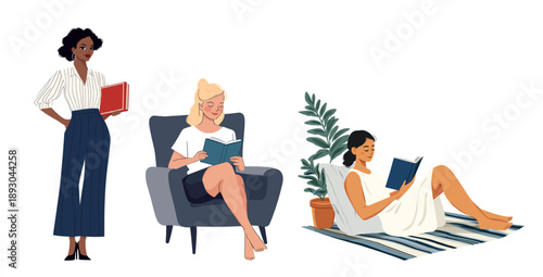 Women reading books in various settings