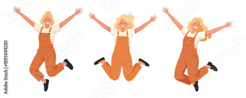 Women in orange overalls jumping in various poses
