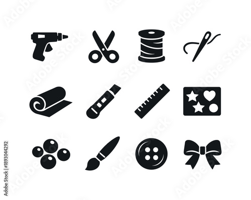DIY Craft Icons. DIY craft projects. Solid icon set of DIY craft projects: glue gun, scissors, thread spool, needle, fabric roll, craft knife, ruler, stencil,