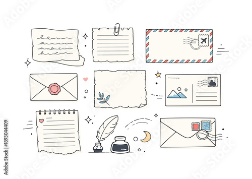 Vintage Ephemera Collection. Vintage paper ephemera set. Collection of old letters, torn notebook pages, and stamped envelopes arranged evenly, expressing a