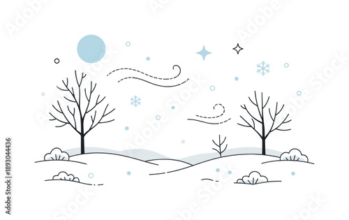 Calm Winter Scene. Winter seasonal concept illustration. Minimal editorial scene with soft snow-covered ground, bare trees and subtle air movement, calm and
