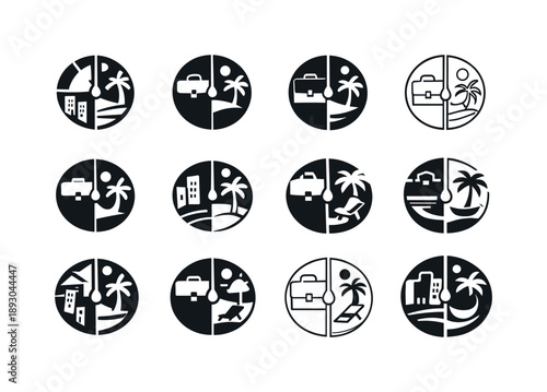 Work-Life Balance Icons. work-life balance. Icon set. Set Logo of work-life balance: clock half work half leisure. harmonious logo variations of the same