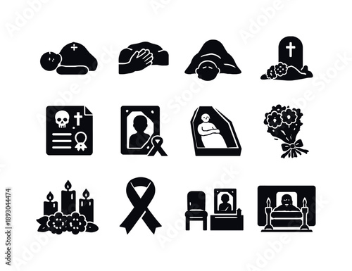 Mourning Icon Set. Dead person. Solid icon set of Dead person: lifeless body, closed eyes, still hands, covered body, gravestone, death certificate, memorial