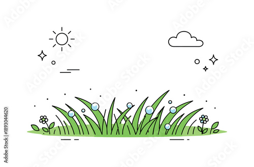 Fresh Morning Dew. June morning dew on grass. A minimal landscape with fresh grass, dew highlights, and open space around. The scene communicates simplicity,