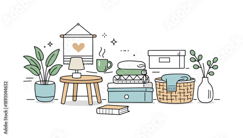 Scandinavian Home Style. Scandinavian design elements. A collection of household items like stools, textiles, plants, and storage boxes placed in a balanced