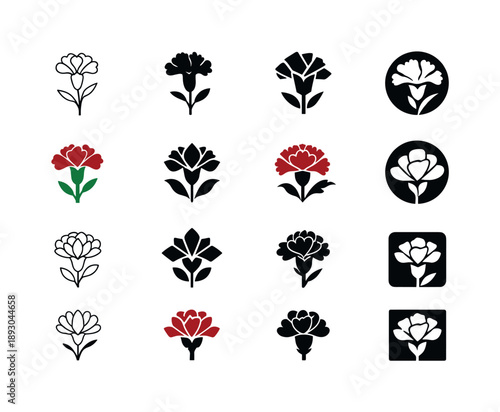 Birth Flower Icons. birth flowers. Icon set. Set Logo of birth flowers: carnation (January). harmonious logo variations of the same emblematic concept, each