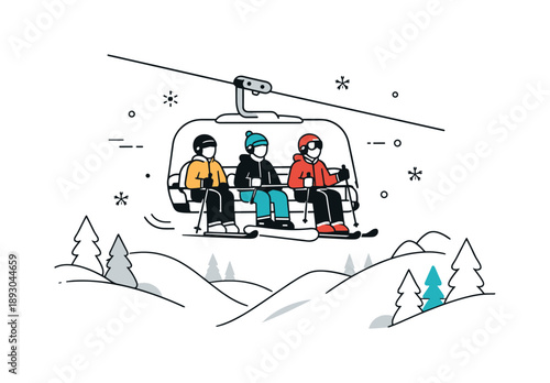 Skiers on Chairlift. Ski lift scene. Skiers and snowboarders riding a chairlift over snowy slopes with soft abstract trees and snowflakes. Calm perspective and