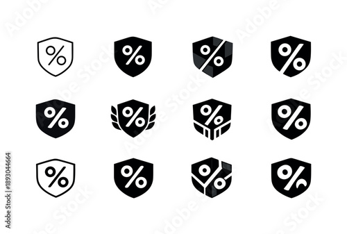 Interest Rate Logos. Interest rates and bonds. Icon set. Set Logo of Interest rates and bonds: shield with interest symbol. harmonious logo variations of the