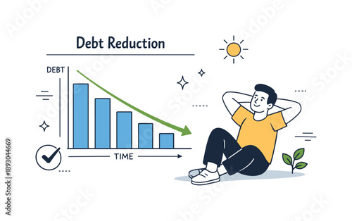Debt Reduction Progress. Debt reduction progress. A simple chart showing decreasing debt alongside a relaxed character observing it. The scene suggests hope,
