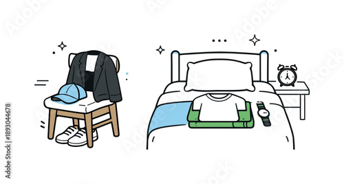 Morning Wardrobe Prep. Setting out clothes for the morning. A calm home scene with neatly arranged clothes on a chair and bed, suggesting preparation and a
