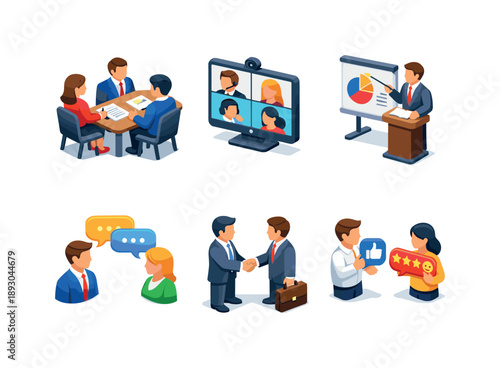 Business Communication Icons. Business communication. Isometric flat vector icons set of Business communication: business meeting scene, video conference call,