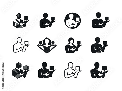 Harmonious Logo Icons. Product demonstrations and hands-on marketing techniques. Icon set. Set Logo of product demonstrations and hands-on marketing