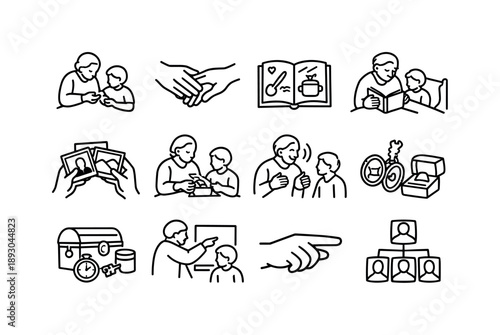 Tradition Icon Set. Passing Down Traditions. Line icon set of Passing Down Traditions: elder teaching child, generational hands connection, family recipe book,