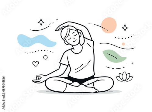 Yoga Emotional Release. Yoga for emotional release. A person sits in a calm yoga pose with eyes closed, gently stretching and breathing deeply. Inner balance,