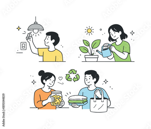 Sustainable Home Practices. Eco habits at home. People turning off lights, watering plants, and reusing household items, clean interior scene with a warm