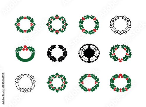 Seasonal Wreath Icons. Seasonal wreath. Icon set. Set Logo of seasonal wreath: holly berry wreath. harmonious logo variations: Symmetrical form, Abstract