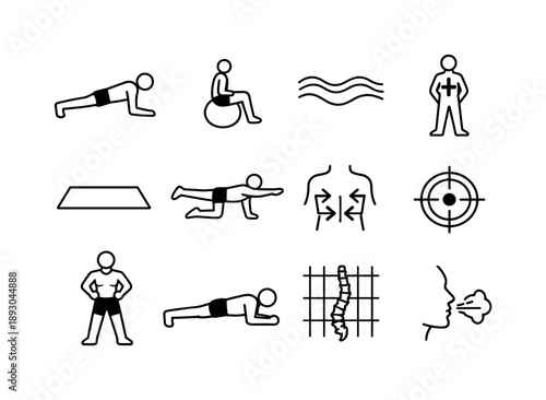 Fitness Stability Icons. Fitness Stability Exercises. Line icon set of Fitness Stability Exercises: plank position, balance ball, stability lines, body center