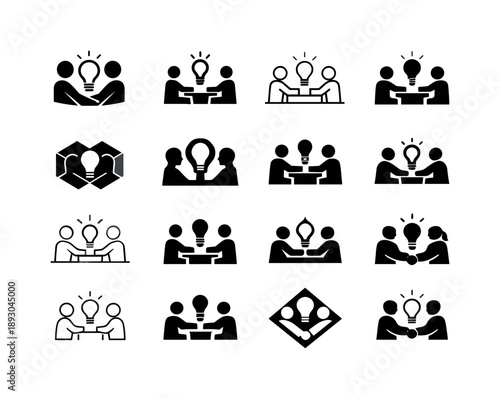 Daily Work Icons. Daily work routine scenes. Icon set. Set Logo of Daily work routine scenes: collaborating with coworker. harmonious logo variations of the