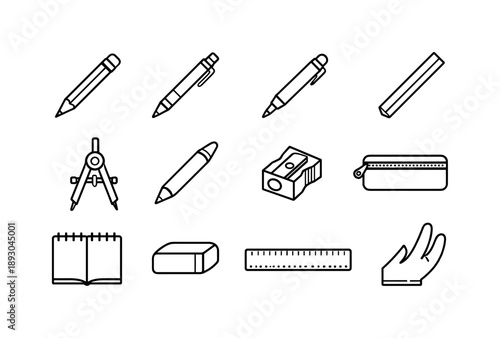 Drawing Tools Icons. Drawing Tools. Line icon set of Drawing Tools: graphite pencil, mechanical pencil, fine liner, charcoal stick, drawing compass, shading