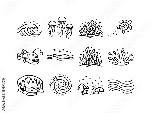 Bioluminescent Ocean Icons. Bioluminescent Ocean. Line icon set of Bioluminescent Ocean: glowing plankton wave, luminous jellyfish swarm, bioluminescent coral