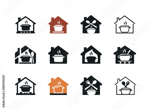 Home Cooking Icons. Cooking at home. Icon set. Set Logo of Cooking at home: cozy kitchen. harmonious logo variations of the same emblematic concept, each with