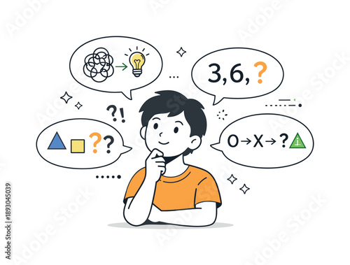 Mind Puzzles Illustration. Brain teaser challenge. A character thinking while speech bubbles show symbols, arrows, and patterns. Mental effort and curiosity
