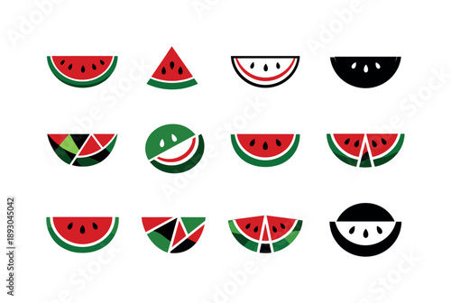 Fruit Logo Variations. Fruits. Icon set. Set Logo of fruits: watermelon slice. harmonious logo variations of the same emblematic concept, each with different