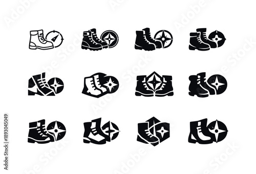 Wanderer Logo Variations. Wanderer. Icon set. Set Logo of Wanderer: boots and compass symbol. harmonious logo variations of the same emblematic concept, each