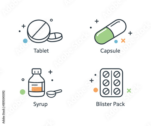 Pharmacy Icon Design. Pharmacy medication icons. Simple line icons representing tablets, capsules, syrups, and blister packs, unified by consistent stroke