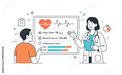 Heart Health Monitoring. Preventive cardiology care. A patient checks heart metrics on a screen while a doctor provides guidance, symbolizing early detection